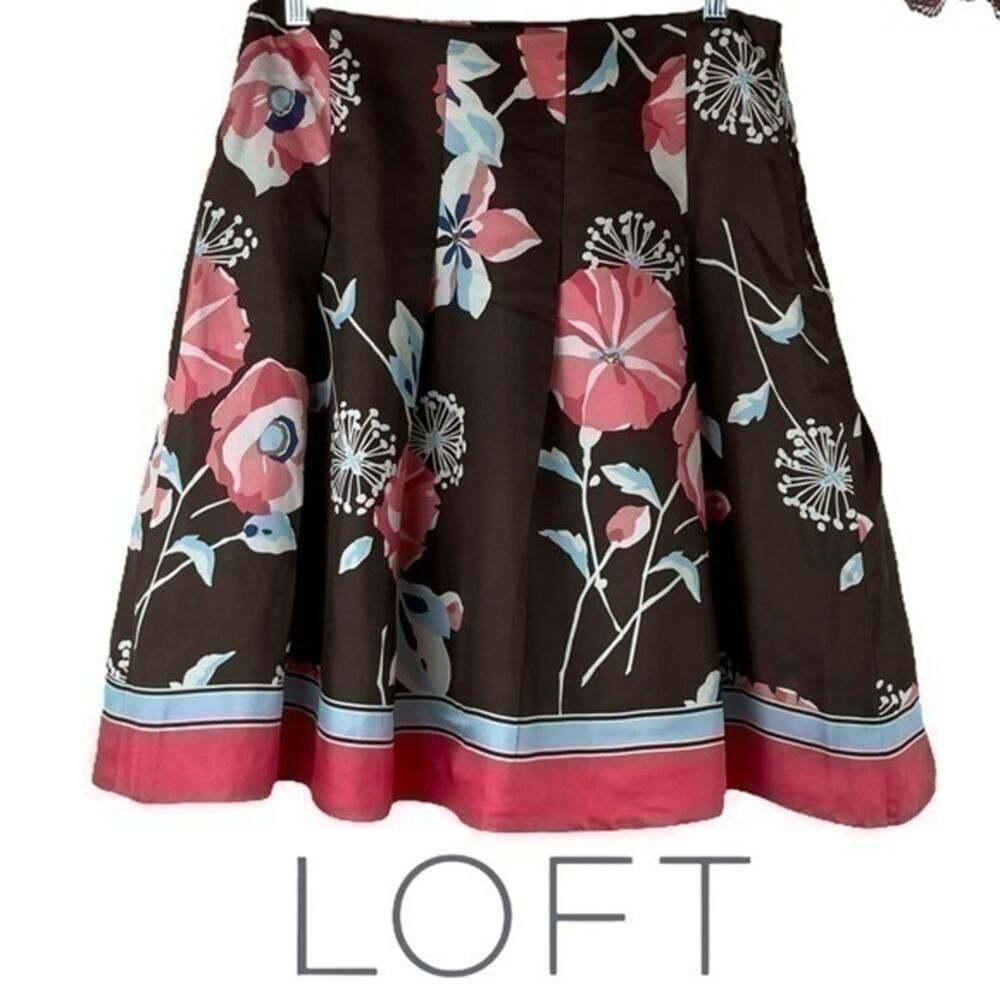 Loft Brown Coral Bold Floral 100% Silk Full Skirt NWOT Size 6 CottageCore